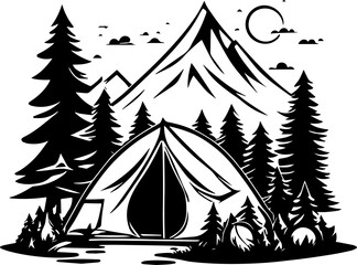 Minimalist camping concept in mountain with tent campfire
