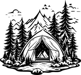 Minimalist camping concept in mountain with tent campfire
