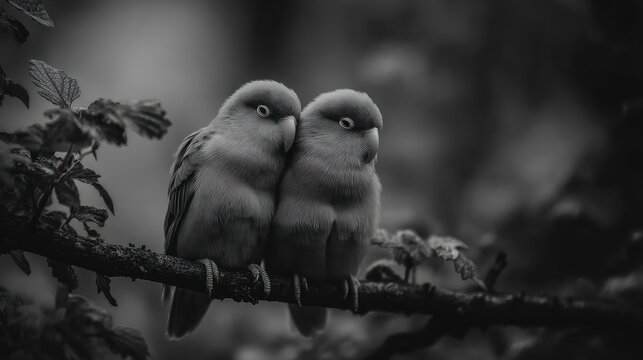 Two parakeets perched close together on a branch
