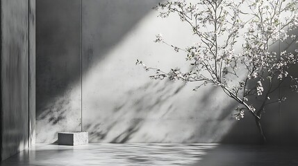 Modern minimalist concrete interior with cherry blossom
