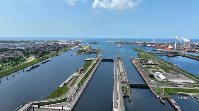 Aerial from the harbor with the sluices in IJmuiden at the North Sea canal in the Netherlands