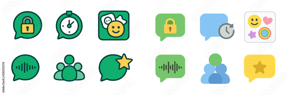 Poster colorful icons representing messaging features and security functions for online communication in a 