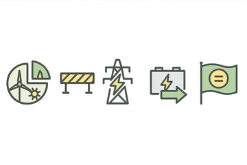 Icons representing renewable energy concepts including wind, electricity, and sustainability strategies from various locations and projects