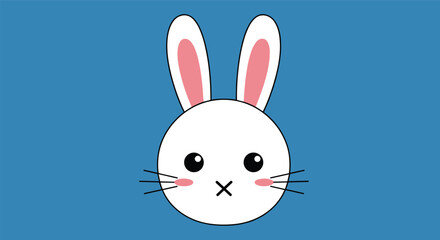 Adorable white rabbit face with pink ears and black eyes on blue background