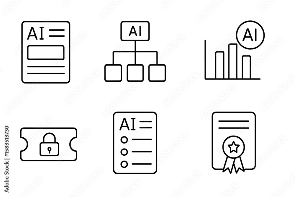 Poster collection of simple icons depicting various aspects of artificial intelligence and its applications