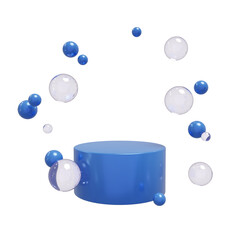 Set of 3d glass blue cylinder stand podium with blue and transparent balls, bubbles on transparent background. Circle mockup, pedestal platform for product showcase.