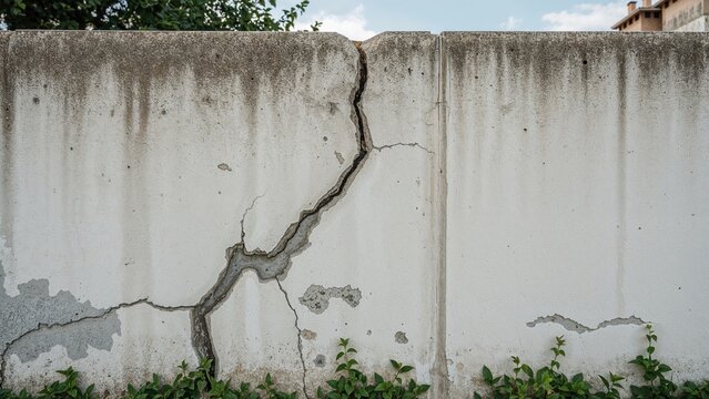 Damaged concrete wall fixed with gray patching putty, featuring greenery and a chimney nearby