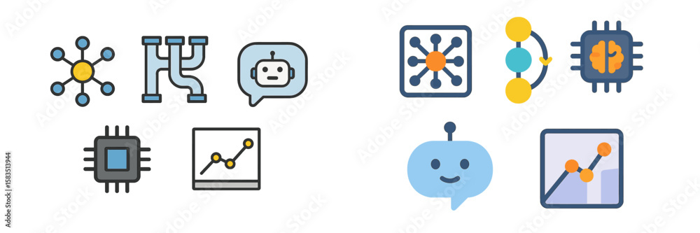 Poster exploring artificial intelligence symbols and graphics depicting data processing and communication t