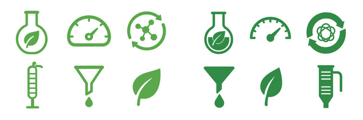 Green icons representing environmental sustainability, science, and eco-friendly practices in research and development