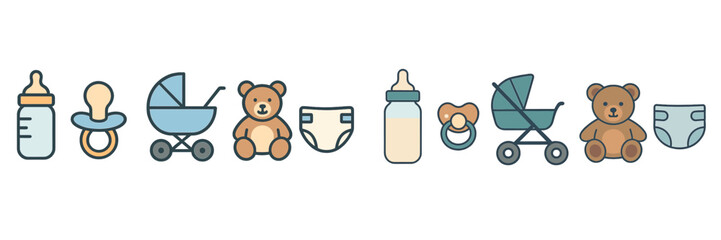 Decorative icons representing baby items including bottles, diapers, strollers, and teddy bears suitable for childcare themes