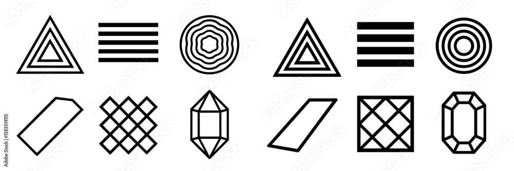 Poster geometric shapes displayed in a minimalist style, showcasing various patterns and forms in black and