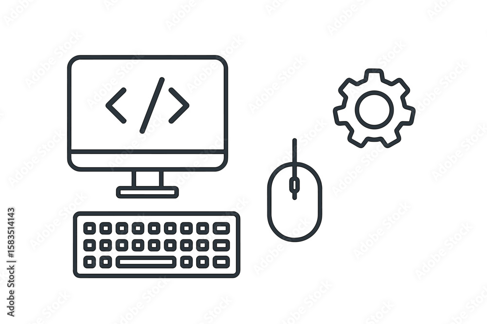 Poster workspace setup with computer, keyboard, mouse, and gear symbol for programming and software develop