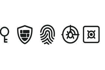 Various symbols representing security measures including keys, shields, fingerprints, targets, and safes on a minimalistic background