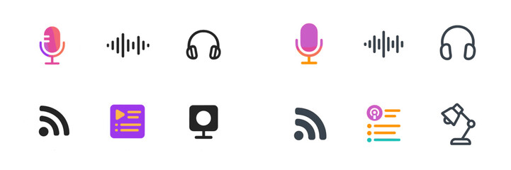 Creative audio and podcast icons showcasing diverse sound design elements and modern media tools