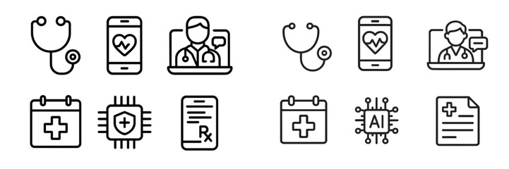 Healthcare technology icons representing telemedicine, digital health records, and AI in medicine during modern healthcare innovations