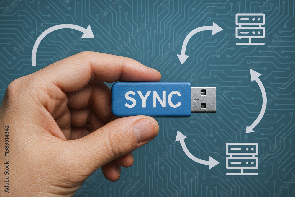 Poster the concept synchronization and data transfer is represented by a holding a usb device surrounded by