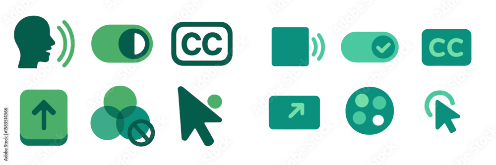 Poster collection of green user interface icons related to accessibility features and media controls for di