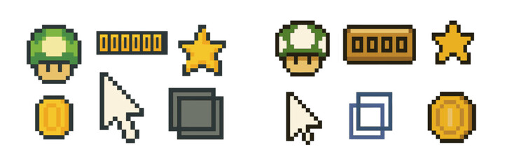 Obraz premium Pixel art collection featuring game icons including mushrooms, stars, and coins in vibrant colors on a plain background
