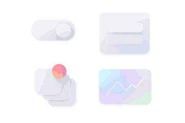 Modern design elements featuring buttons, toggle switches, and app UI components on a white background with a minimalistic style