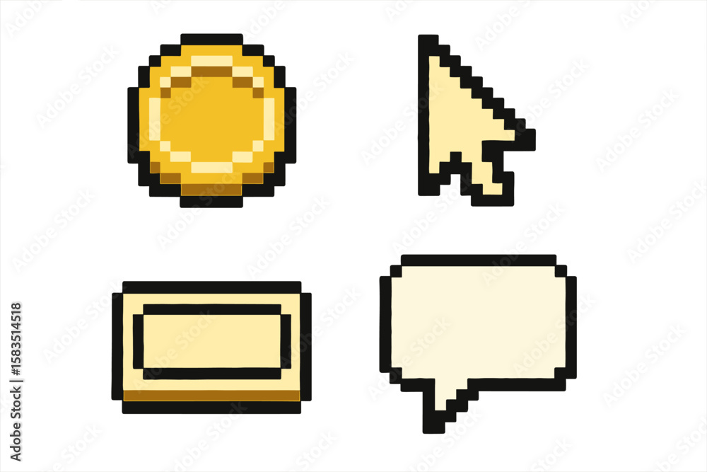 Fototapete Digital pixel icons showcasing a coin, cursor, rectangle, and speech bubble in a retro style against a plain background