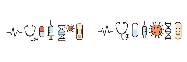 Medical symbols illustrate healthcare concepts with stethoscope, medicines, and viruses in a clear visual design