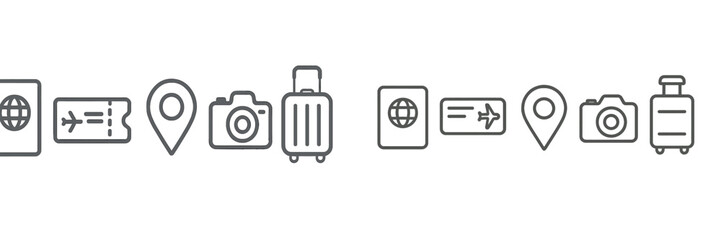 Travel icons representing journey elements like passport, camera, luggage, and location marker for adventure planning