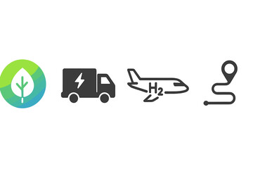 Symbols representing eco-friendly transportation options including electric vehicles and hydrogen fuel