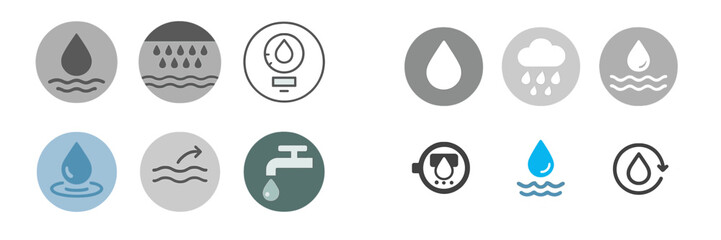 Water conservation symbols represented in a variety of icons illustrating different water-related concepts and actions for education