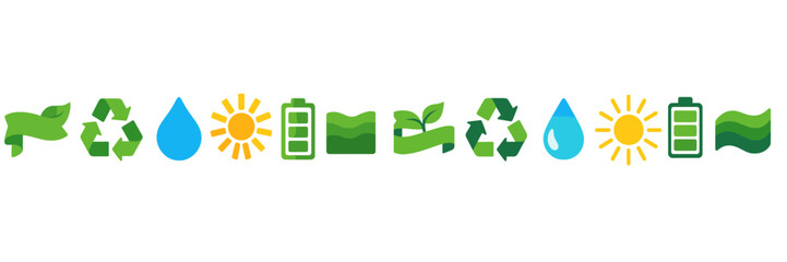 Fototapeta premium Eco-friendly icons featuring nature elements, renewable energy symbols, and sustainability concepts in vibrant colors