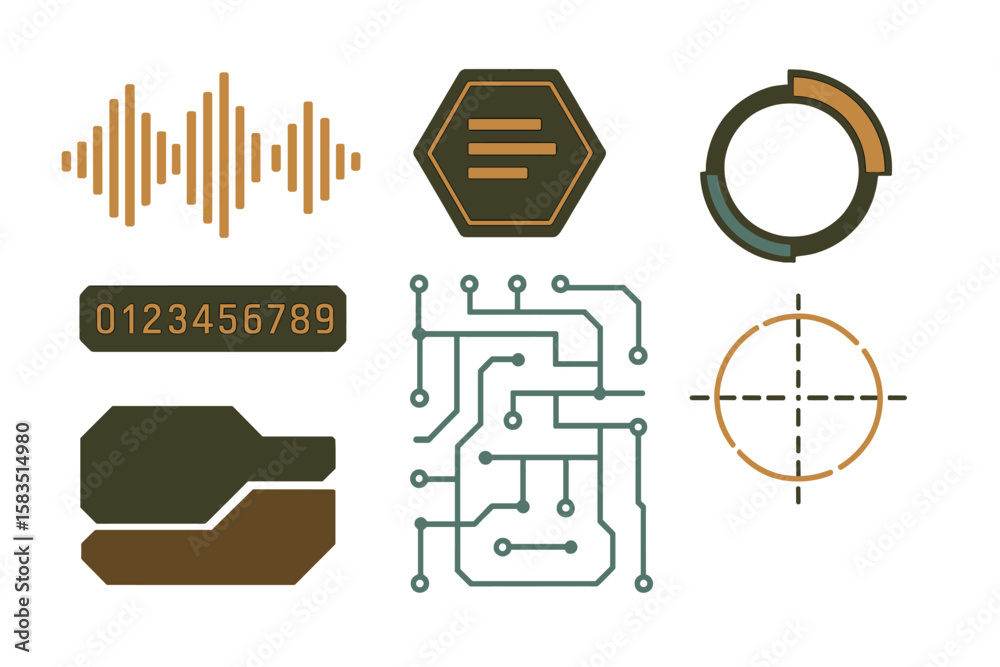 Poster unique collection of digital interface elements featuring sound waves, circuits, and design patterns