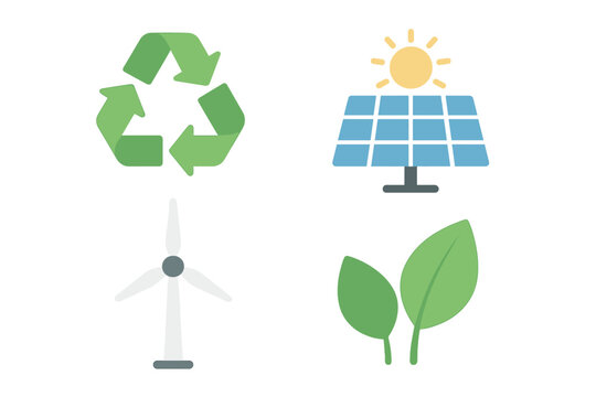 Symbols representing renewable energy sources including recycling, solar power, wind energy, and plant growth displayed together
