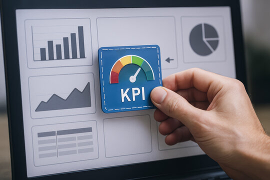 A places a floating KPI gauge at the center a customizable business dashboard highlighting key performance insights