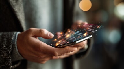 Digital interaction user engaging with mobile app interface in urban environment close-up view technology concept