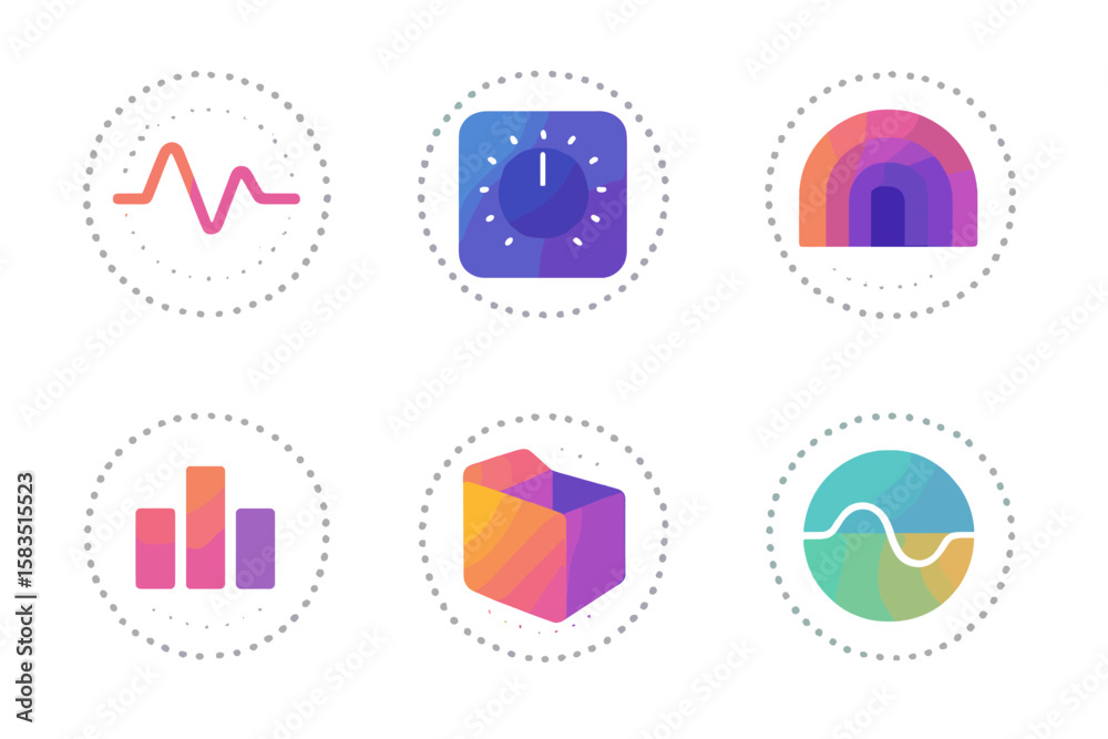 Poster colorful geometric icons representing data visualization and digital design elements created in a mo