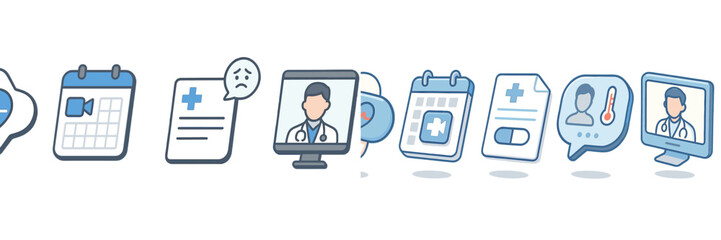 Health care icons depicting various aspects of medical services including appointments, telemedicine, and patient records in a modern design