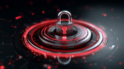 Digital Security Concept Featuring a Metallic Padlock Surrounded by Circular Red Data Structures and Glowing Light Effects on a Dark Background