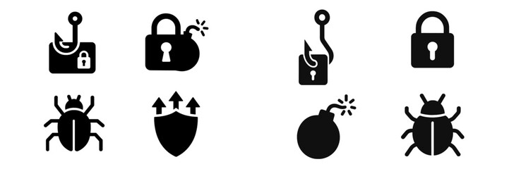 Obraz premium Digital security icons representing cyber threats and protection measures on a white background