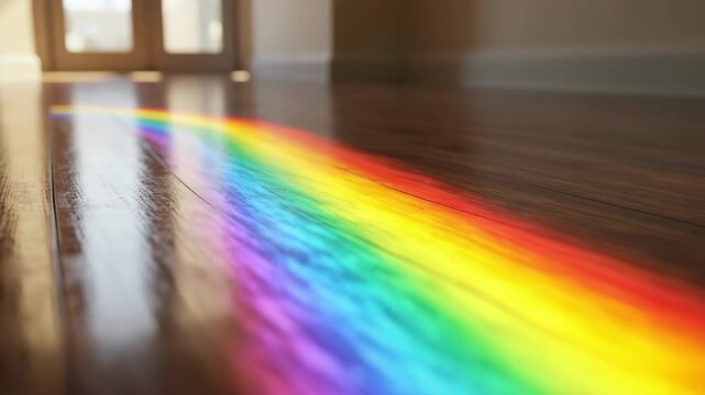 Vibrant Rainbow Spectrum Light Refracting on Polished Wooden Floor Creating a Colorful Pattern in a Brightly Lit Interior Space