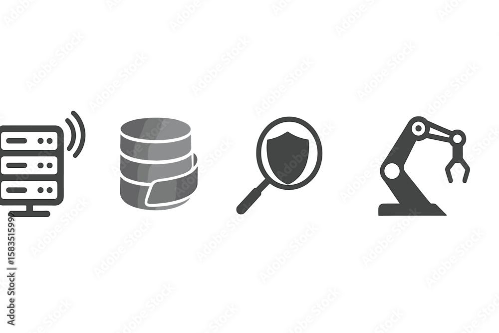 Poster computer icons representing data management, security, and automation in a modern technological cont