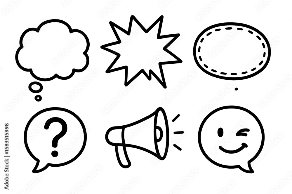 Poster various speech bubbles and symbols illustrating communication concepts and expressions in a simple d