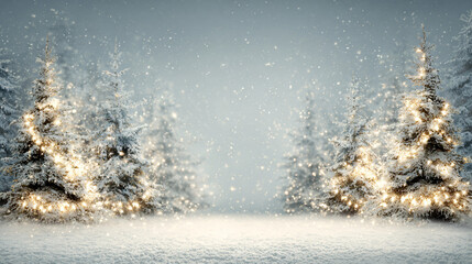Winter Wonderland: A serene winter scene unfolds, with snow-laden fir trees adorned with twinkling lights. The soft snowfall evokes a sense of peace and seasonal charm, captured in a dreamy.