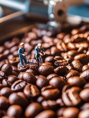 Miniature figures inspecting roasted coffee beans