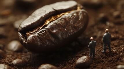 Miniature figures inspecting roasted coffee beans