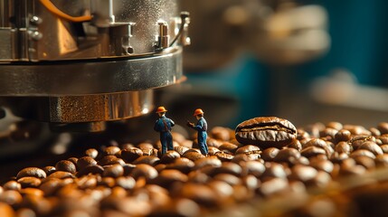 Miniature figures inspecting roasted coffee beans