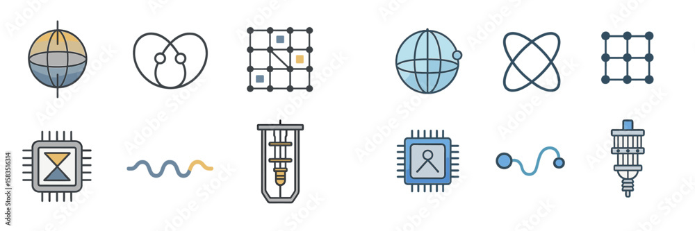 Poster illustration of various abstract technology-related icons representing concepts in data, computing, 