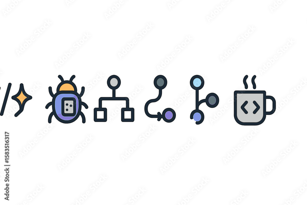 Poster vector symbols representing technology, connectivity, and programming concepts in a minimalist style