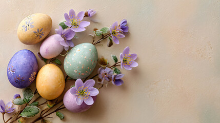 Obraz premium Easter Egg and Flower Display: A pastel-toned arrangement of painted Easter eggs and delicate spring blossoms, evoking the spirit of spring renewal and celebration, perfect for festive designs.