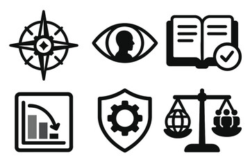 Icons representing navigation, awareness, education, analysis, security, and justice in a modern design layout