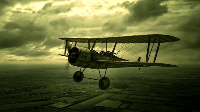 Vintage biplane flying over countryside