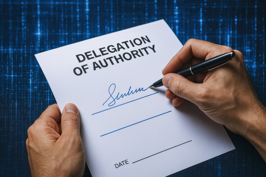 A formal agreement transfer is finalized as a signs a delegation authority document symbolizing responsibility and governance